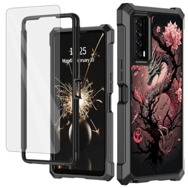 Imagem de SDFCVBTYU Capa para TCL Stylus 5G com protetor de tela de vidro temperado, 2 em 1, proteção total à prova de choque, capa de telefone resistente a impactos para TCL Stylus 5G, dragão flor de cerejeira