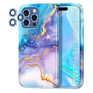 Imagem de Btscase Capa para iPhone 15 Pro Max, mármore elegante [proteção contra quedas militar] [3 x protetores de lente de câmera de diamante] Capa rígida de policarbonato e TPU para mulheres e homens, roxo