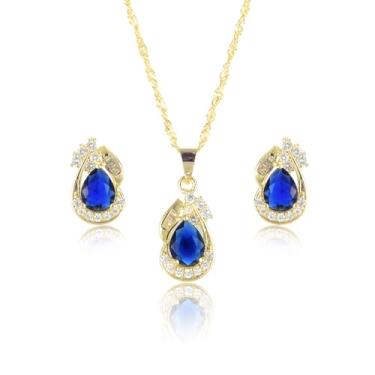 Imagem de RIZILIA Conjunto de joias femininas - safira azul simulada de corte de pera elegante - Colar com pingente banhado a ouro amarelo 14K com corrente de 45 cm + extensão de 5 cm e brincos de pino