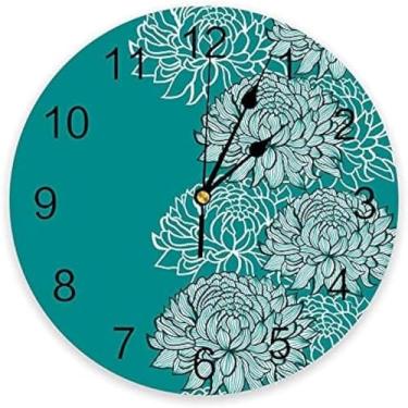 Imagem de Relógio De Parede Pvc Redondo Silencioso Não-tique-taque, Crisântemo Texto Padrão Floral Teal Verde Quartzo Operado Por Bateria Relógios De Parede Para Cozinha Sala De E, Color-04, 10 Inch in Diameter