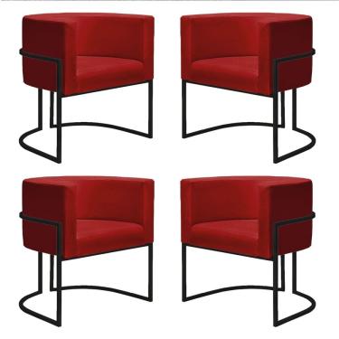 Imagem de Kit 4 Poltronas Reforçadas Decorativa Sala Nayara Base Ferro Preto Suede Vermelho