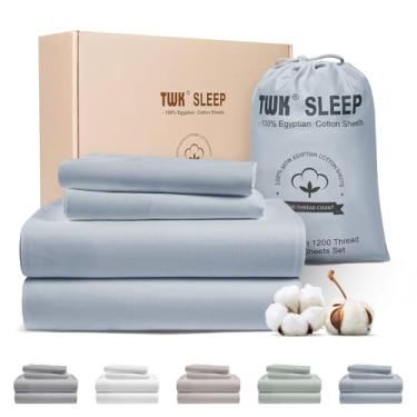 Imagem de TWK Conjunto de lençóis de cama 100% algodão egípcio 1200 fios, estilo hotel de luxo, bolso profundo com costuras elásticas reforçadas, lençóis naturais macios e confortáveis (azul francês, casal)