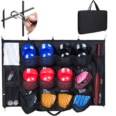 Imagem de PACMAXI Bolsa suspensa para capacete de beisebol para organizar equipamentos de beisebol, incluindo capacetes, luvas, luvas de rebateção, bolas, taco de beisebol, organizador de 12 jogadores (Balck)
