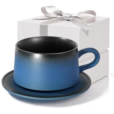 Imagem de Conjunto de 2 canecas de café de cerâmica JD, canecas de café com pires, xícara de café de 170 g, presente para pai, marido, namorado, amigo, copos de lava-louças e micro-ondas (azul)