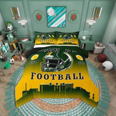 Imagem de Erosebridal Jogo de cama casal de futebol americano, futebol americano, cidade, rúgbi, esportes, jogos, edredom para crianças, adolescentes, adultos, verde, amarelo, macio, quente, edredom, 2 fronhas