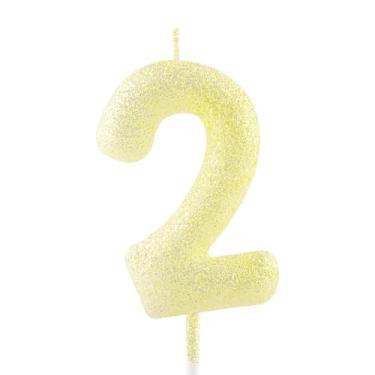 Imagem de Vela de 2º aniversário ouro amarelo glitter número 2 velas luminosas decoração topo de bolo vela feliz aniversário para meninas meninos mulheres aniversário celebrações suprimentos de festa