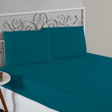 Imagem de Jogo De Lençol 100% Algodão Malha Toque Macio Com Elástico Jogo de Cama Casal Queen King 03 Peças (Azul-petróleo, Queen 3 Peças)