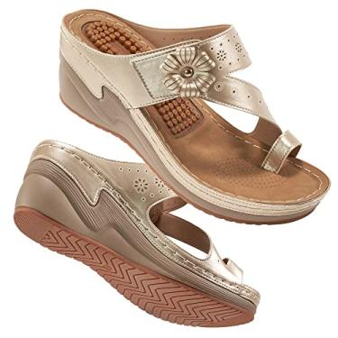 Imagem de Sandália feminina anabela com suporte de arco para o verão, plataforma confortável, boêmia, sem salto, função de massagem, sandália casual, W - ouro, 4.5