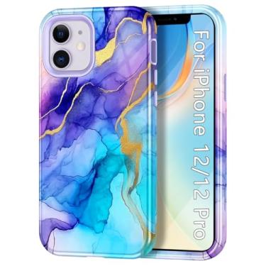 Imagem de Btscase Capa para iPhone 12/iPhone 12 Pro, capa resistente de três camadas de mármore à prova de choque de corpo inteiro resistente PC rígido + TPU macio proteção contra quedas mulheres meninas capa