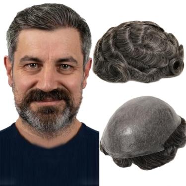 Imagem de BEEOS Toupee de pele mais fina de 0,03 mm para homens, laço em V sem nós 20 x 25 cm transparente 03 PU base de cabelo masculino sem derramamento, preto natural com 40% peruca masculina cinza #1B40