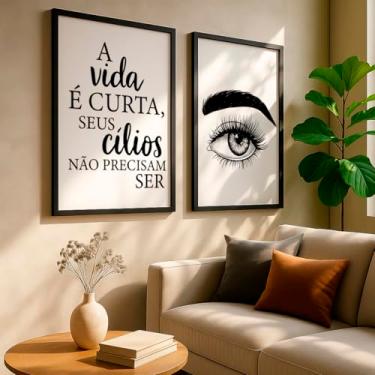 Imagem de Kit 2 Quadros Decorativos Frase Cílios Feminino Preto Branco Olhar Detalhado Beleza Glamour Com Moldura