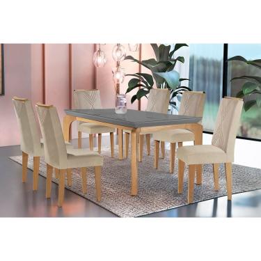 Imagem de Conjunto: Mesa de Cozinha Londrina c/ Tampo Madeirado c/ Vidro Canto Curvo 180x90cm e 6 cadeiras Amsterdã Imbuia/Grafite - Suede Creme - Rufato