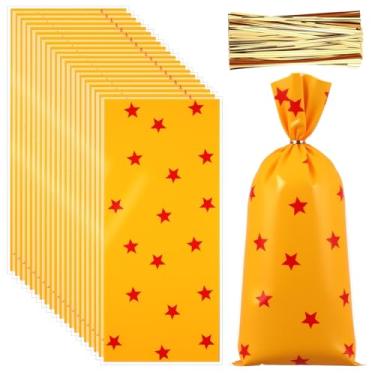 Imagem de Gaillty 100 peças de sacos de guloseimas de celofane para festa de anime, padrão de estrelas amarelas e vermelhas, tema de anime, sacos de presente de plástico para doces de desenho animado com laços