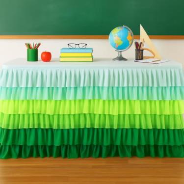 Imagem de Saia de mesa de professor 1,8 m x 76,2 cm – Saia de mesa com babados para sala de aula, tecido de chiffon 100D, tecido de cortina de mesa de volta às aulas, decoração de mesa de professor (Spring