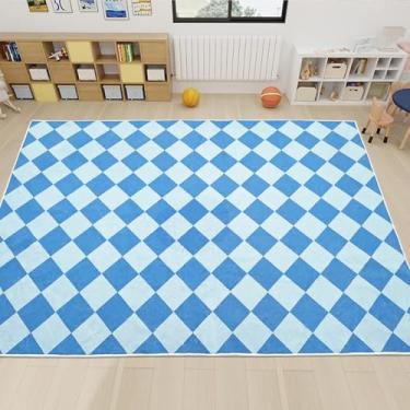 Imagem de USTIDE Tapete xadrez azul 1,2 x 1,8 m lavável à máquina, tapete xadrez azul claro para corredor, quarto, meninas, quarto de bebê, decoração