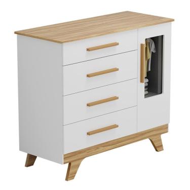 Imagem de Cômoda Infantil Retrô 1 Porta Com Janela E 4 Gavetas Branco Brilho/amêndoa - Móveis Peroba