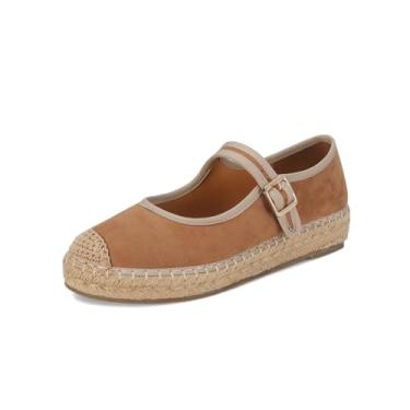 Imagem de SOVANYOU Mary Jane Alpargatas femininas bico redondo Mary Jane Sapatilha plataforma de tecido balé com fivela, Camurça bege, 41
