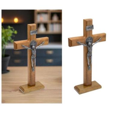 Imagem de Crucifixo Cruz Medalha de São Bento Prateado Parede e Mesa 26 cm - FOR