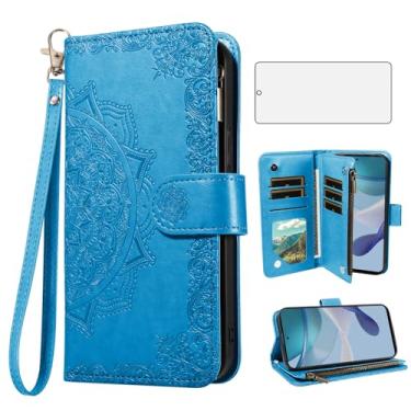 Imagem de Asuwish Capa de celular para Motorola Moto G 5G 2023 capa carteira celular com protetor de tela de vidro temperado e flor flip porta-cartão de crédito suporte suporte G5G 5 G G5 mulheres homens azul