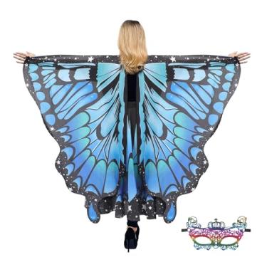 Imagem de cosmisun Fantasia feminina de asas de borboleta - Xale de asa de borboleta de fada azul e verde com conjunto de máscara de saia multicolorida, fantasia de cosplay para adultos, fantasia de festa de