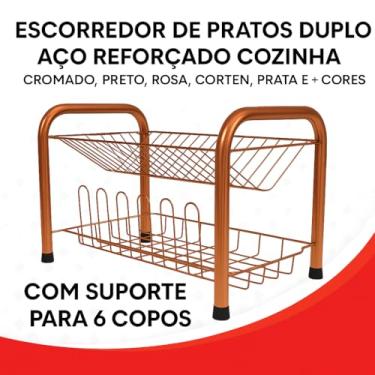 Imagem de Escorredor Duplo De Louça 2 Andares Aço Reforçado Prato Copo Pé Emborrachado Premium Design Moderno Prático Pronto para Uso (Cobre)