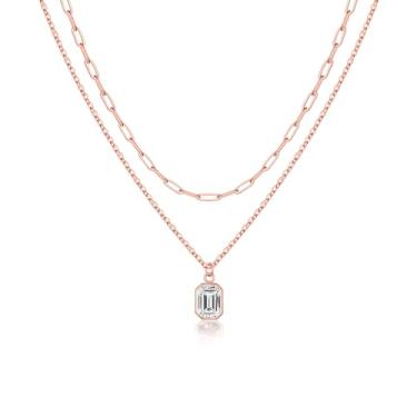 Imagem de Colares em camadas de ouro para mulheres, colar de ouro maciço sobre pedra do mês de nascimento para mulheres em camadas de corrente de clipe de papel colar gargantilha com pingente retangular delicado pedra do mês de nascimento joias presentes para mulheres e meninas joias, 14"+2"/16"+2", Banhado a