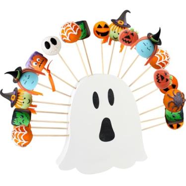 Imagem de Suporte para bolo de Halloween, de madeira, fantasma, pirulito, suporte de bolo, com 20 furos para aniversários, festas de Halloween, decoração de mesa de sobremesa para ambientes internos e externos