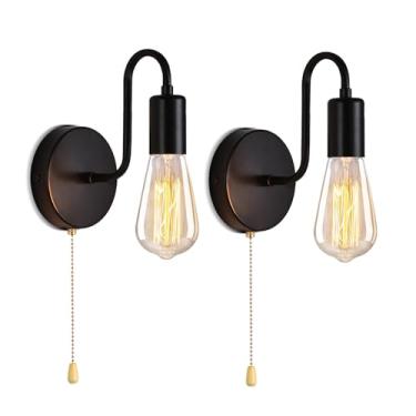Imagem de DTIEDY Arandela de parede com fio com conjunto de dois interruptores, luminárias de parede pequenas com corrente de puxar, luzes de parede internas de metal preto E26 Edison Vintage para corredor de