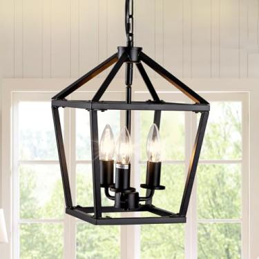 Imagem de 3 luzes pendentes pretas claras ilha de cozinha, luminária pendente de casa de fazenda de 28 cm, lanterna de ferro de altura ajustável, luminárias pendentes pretas, lustre de casa de fazenda para hall