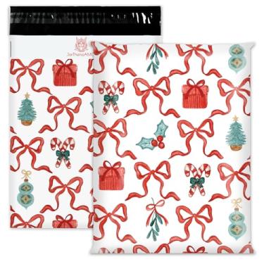 Imagem de JarThenaAMCS 100 peças de envelopes de poliéster de Natal 25,5 x 33 cm laço vermelho bengala doce envelopes envelopes de Natal auto-selantes embalagens de plástico sacos de correio para roupas de
