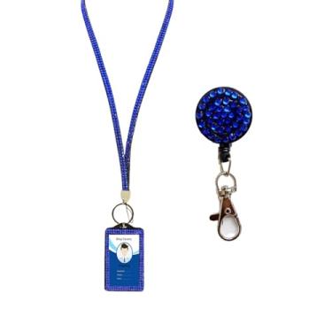 Imagem de Cordão de pescoço de cristal 3 em 1, suporte de crachá de identificação brilhante, suporte de cartão de nome de trabalho com strass retrátil para professoras enfermeiras e médicas (azul royal)