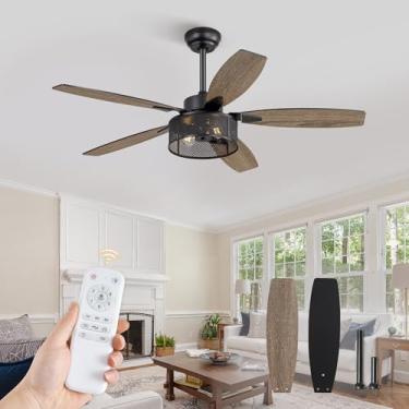 Imagem de Ventilador de teto de fazenda de 132 cm com luz e controle remoto, montagem embutida industrial preta, 5 lâminas de acabamento duplo, motor CC silencioso reversível de 6 velocidades, design rústico