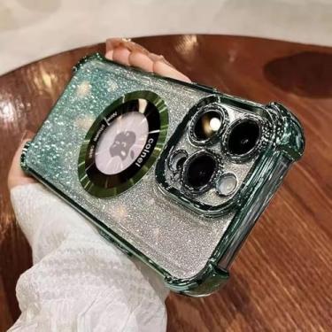 Imagem de HJZSZX Capa de celular luxuosa magnética com glitter e à prova de choque, proteção de lente de vidro, capa traseira de acrílico (para iPhone16 Pro Max/verde)