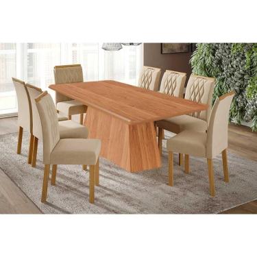 Imagem de Conjunto: Mesa Sala Jantar Helena Tampo Madeirado 210x100cm e 8 Cadeiras Juliana Cinamomo - Carvalho/Suede Nude Bege - Cimol