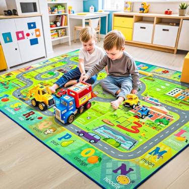 Imagem de Chicrug Tapete de área de carro 12 x 20 cm para sala de jogos infantil, antiderrapante, lavável, tapete de alfabeto ABC para sala de aula, tapete de brinquedo de pista de cidade para decoração de