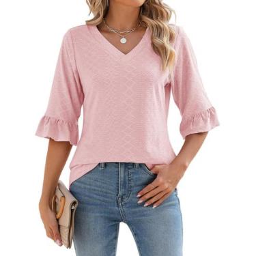 Imagem de Túnica LOMON feminina de manga 3/4 com decote em V, blusa de primavera