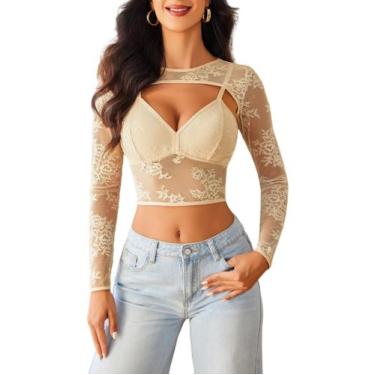 Imagem de Blusa de renda de manga comprida de 2 peças em malha transparente para