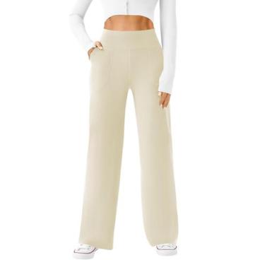 Imagem de Calças de ioga DLOODA femininas, pernas largas, cintura alta, cáqui