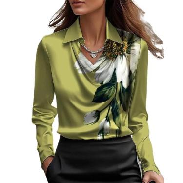 Imagem de Blusa feminina CORIRESHA elegante com gola alta, flor verde acetinada