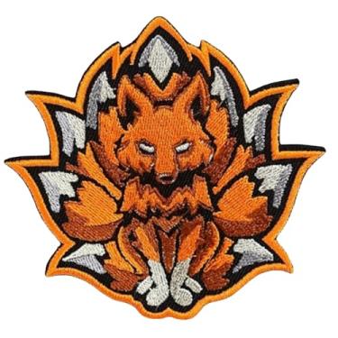 Imagem de Patch de bordado de raposa animal, desenho animado raposa de nove caudas tático militar, adesivos de gancho e laço costurados para roupas, vestidos, chapéus, bolsas