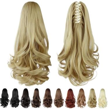 Imagem de HEWEICSY Extensão de rabo de cavalo, rabo de cavalo com clipe para mulheres, clipe de garra de 35,5 cm em extensão de cabelo de pônei ondulado curto encaracolado para mulheres - Loiro mel claro