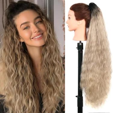 Imagem de Extensão de rabo de cavalo longo ondulado com garra marrom ombré loiro 76 cm encaracolado rabo de cavalo extensões de cabelo para mulheres peruca sintética fofa de aparência natural para uso diário