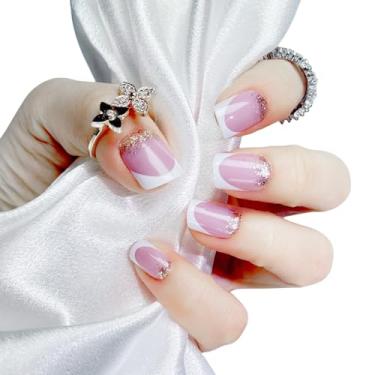 Imagem de Nailsculpt Pregos postiços quadrados com base rosa nude com pontas brancas francesas e detalhes dourados de glitter | Kit de 24 unhas - 12 tamanhos com 48 abas de geleia | Unhas postiças reutilizáveis