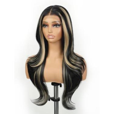 Imagem de cuiud Peruca listrada, sem cola, frente de renda, pré-arrancada, sintética ondulada, preta e loira, 33 × 4, peruca para mulheres negras para iniciantes