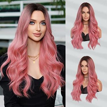 Imagem de 7JHH WIGS Peruca rosa ondulada longa com raiz escura parte média ombré rosa escuro encaracolado peruca de fibra resistente ao calor para uso diário em festas (66 cm)