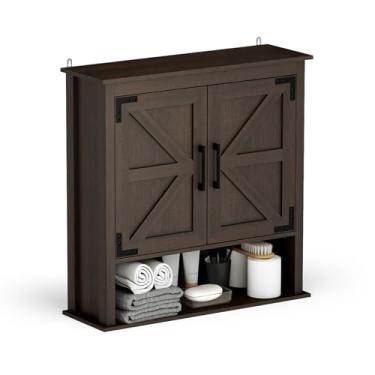 Imagem de HollyHOME Armário de parede de fazenda, armário de remédios de madeira com duas portas e prateleiras ajustáveis, armário de grande capacidade de 3 níveis para banheiro, cozinha, lavanderia, sala de