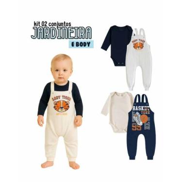 Imagem de Kit2 Jardineira Bebê Longa Algodão Menino Menina body gola envelope bo