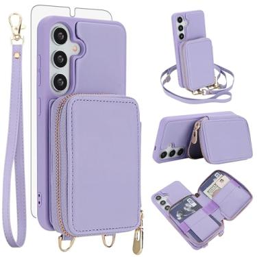 Imagem de Capa de celular para Samsung Galaxy A55 5G carteira de celular com protetor de tela de vidro temperado alça transversal para pulso suporte de cordão com bloqueio RFID A 55 55A A555G mulheres homens