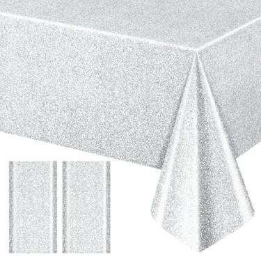 Imagem de Just Shimmer Pacote com 2 toalhas de mesa de plástico com glitter prateado, capa de mesa descartável grossa premium 102 x 170 com efeito brilhante, elegante toalha de mesa de cor sólida para