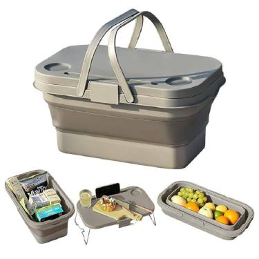 Imagem de Cesto De Piquenique Dobravel Multiuso 2 Em 1 Vira Mesa Notebook Porta Tablet Celular Copo Balde Silicone Pesca Cinza